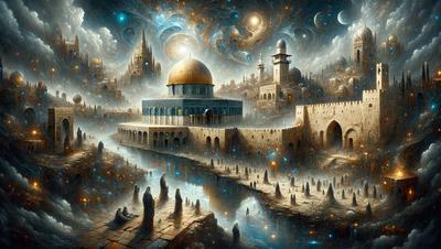 The primary subject of the image is a large, ornate building with a dome, which appears to be a mosque. The setting is a city with a sky background, and the visual style is a digital art or illustration. The colors and mood of the image are predominantly blue and purple, creating a serene and peaceful atmosphere.
